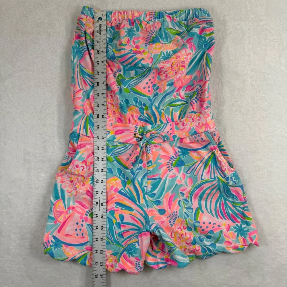 Lilly Pulitzer Donna Strapless Romper XS Pink Blue Floral Scalloped French Terry